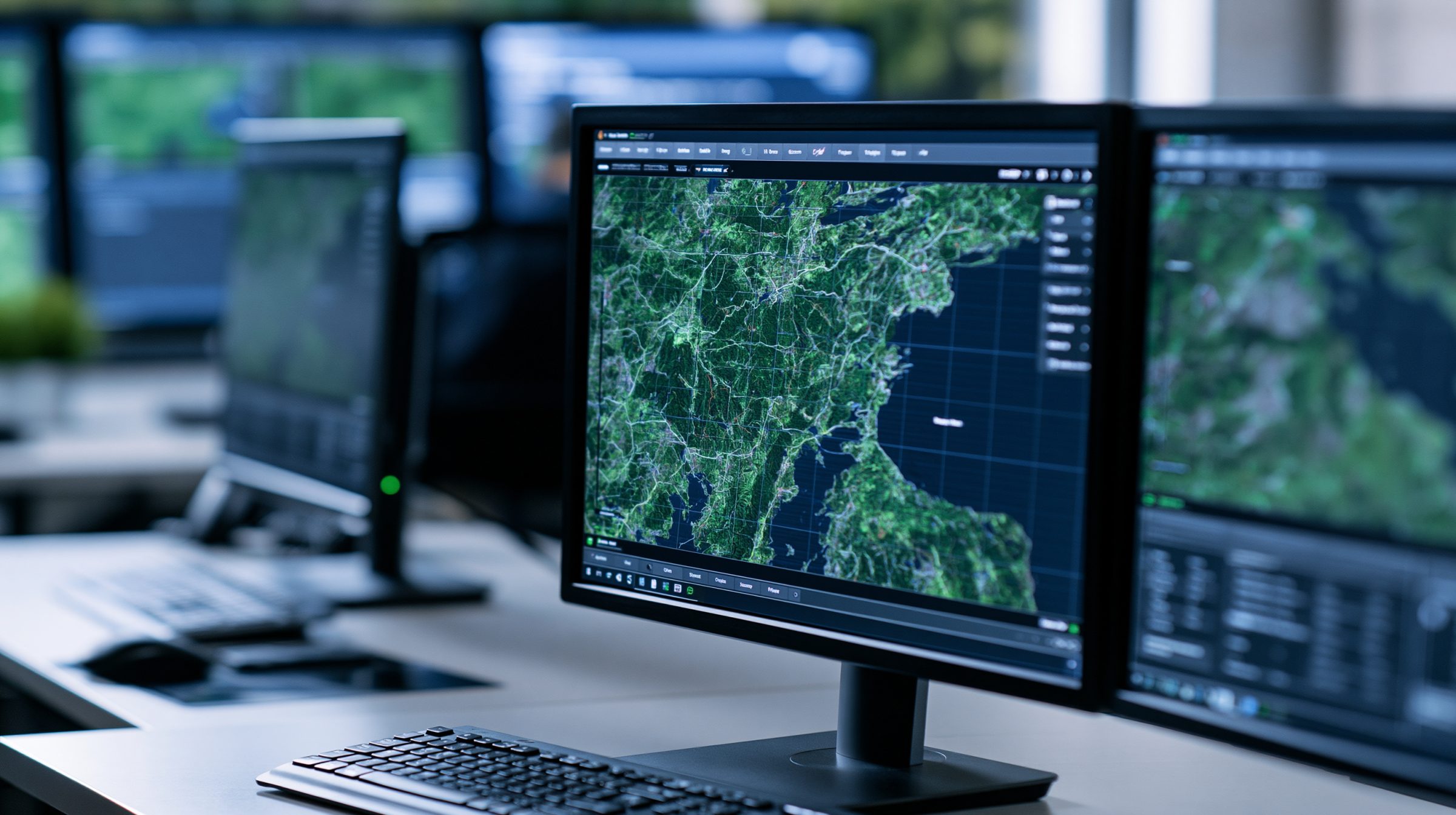 Satellite map displayed on a GIS workstation monitor