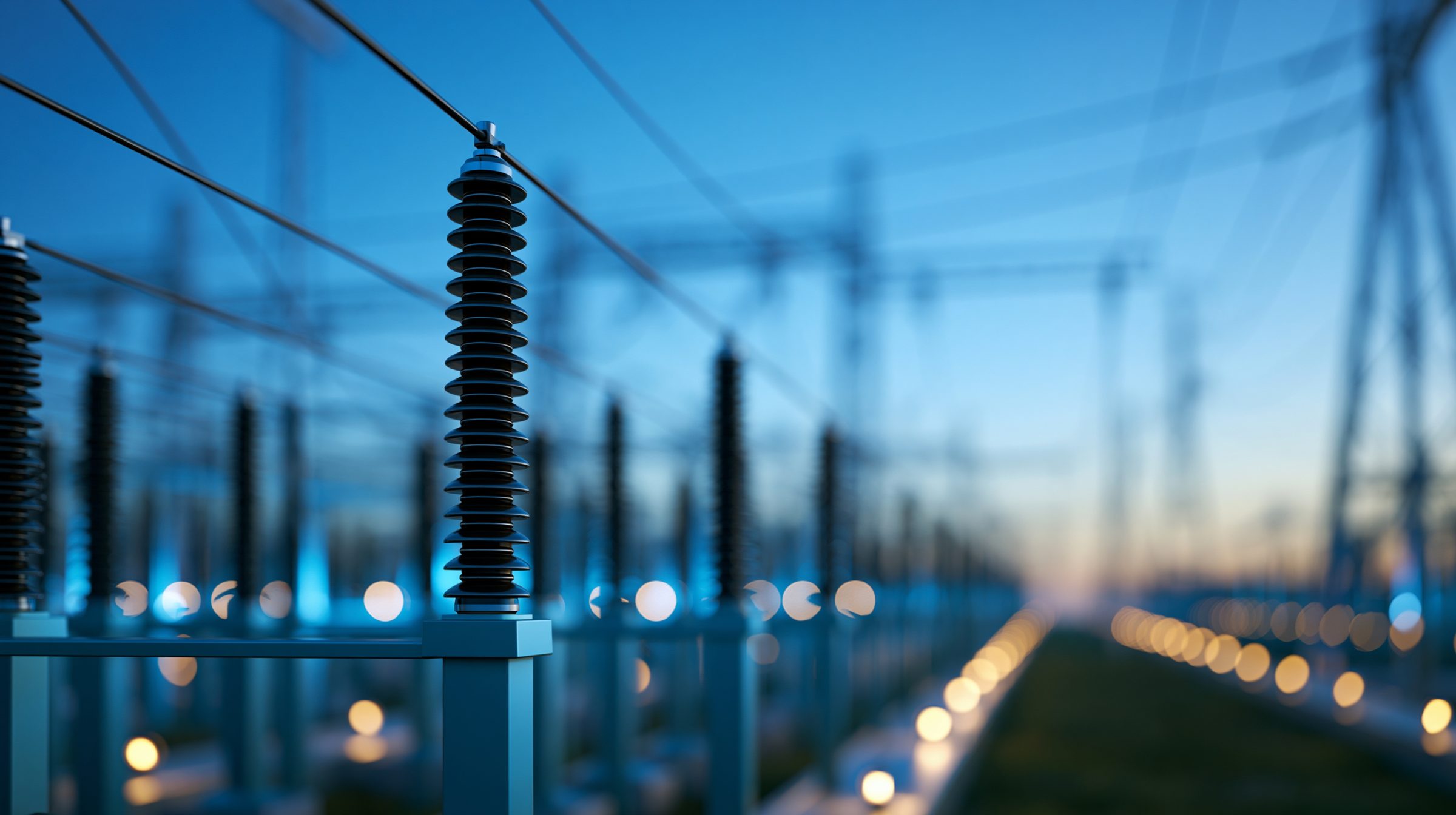 Close-up of a high-voltage insulator in a substation at dusk