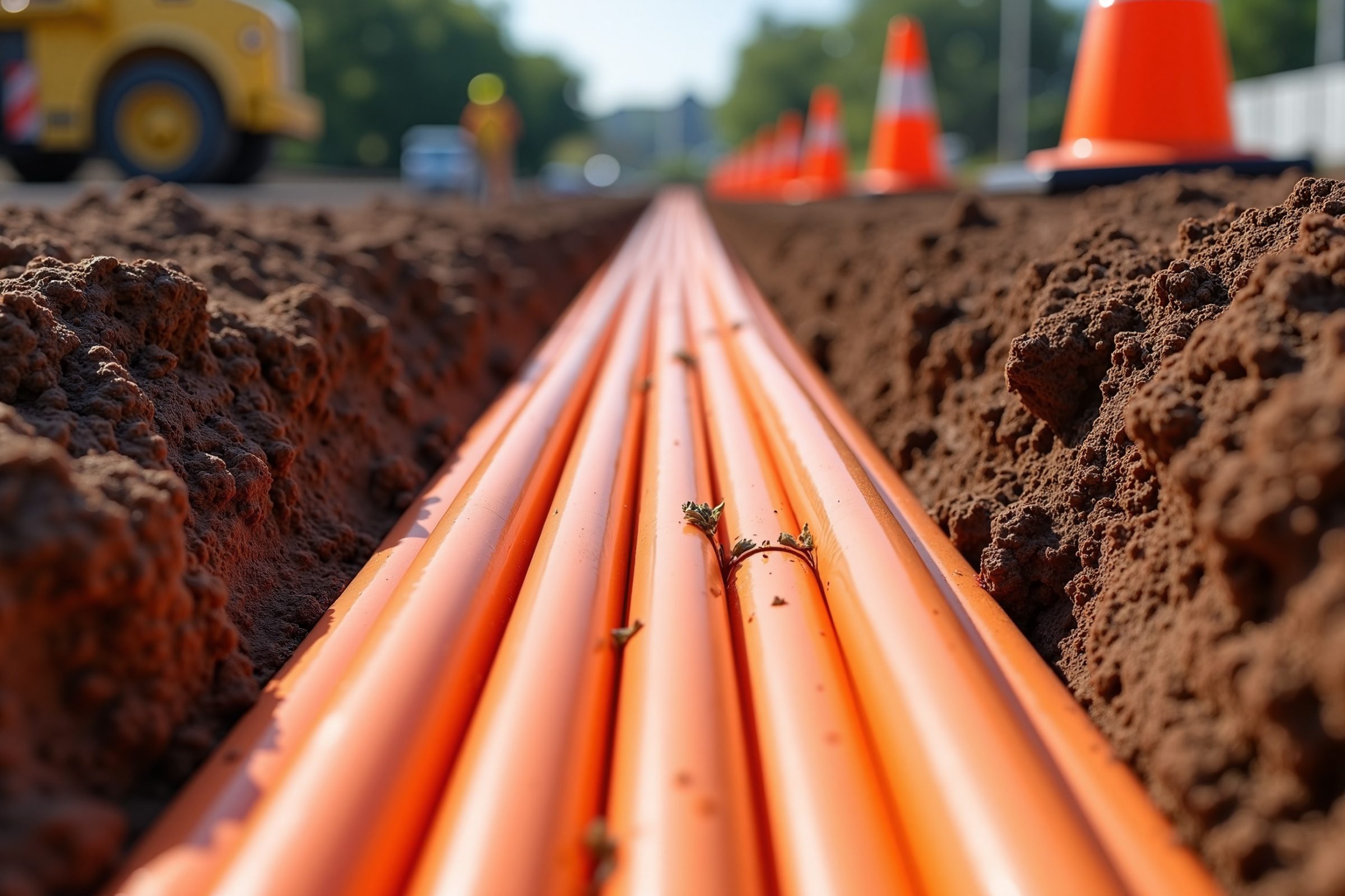 Orange underground conduit running through a trench