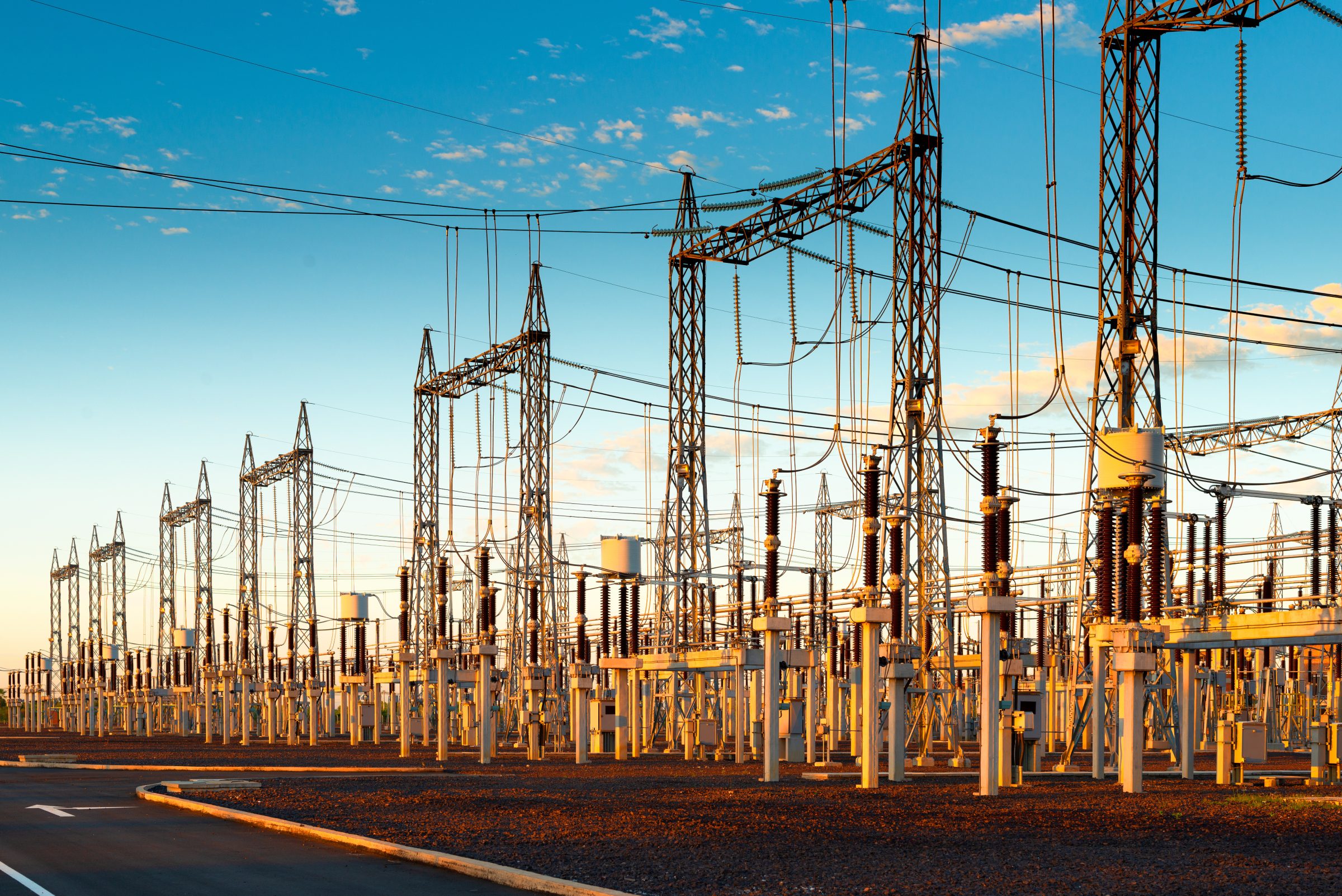 Electrical substation at sunset